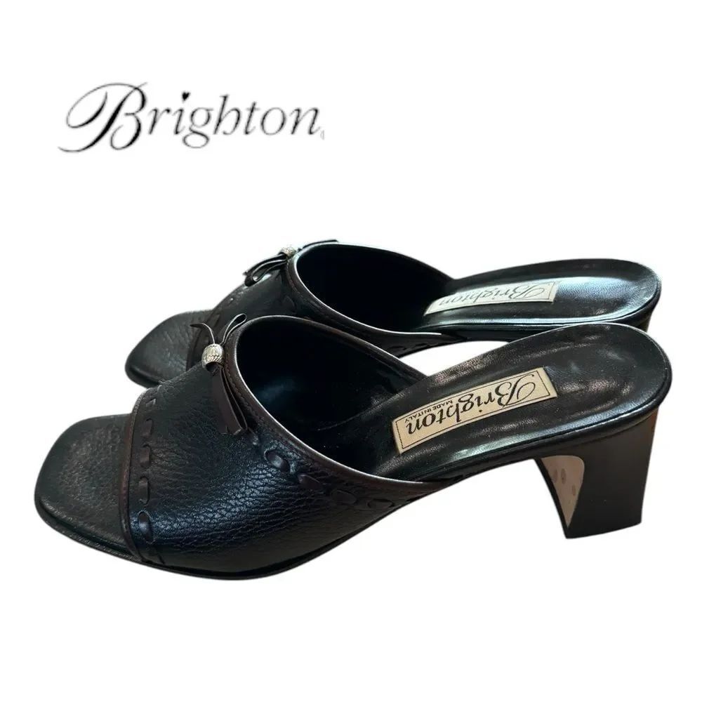 Brighton Women's FringeโBlack Brown Leather Heeled Slide Sandals 9.5